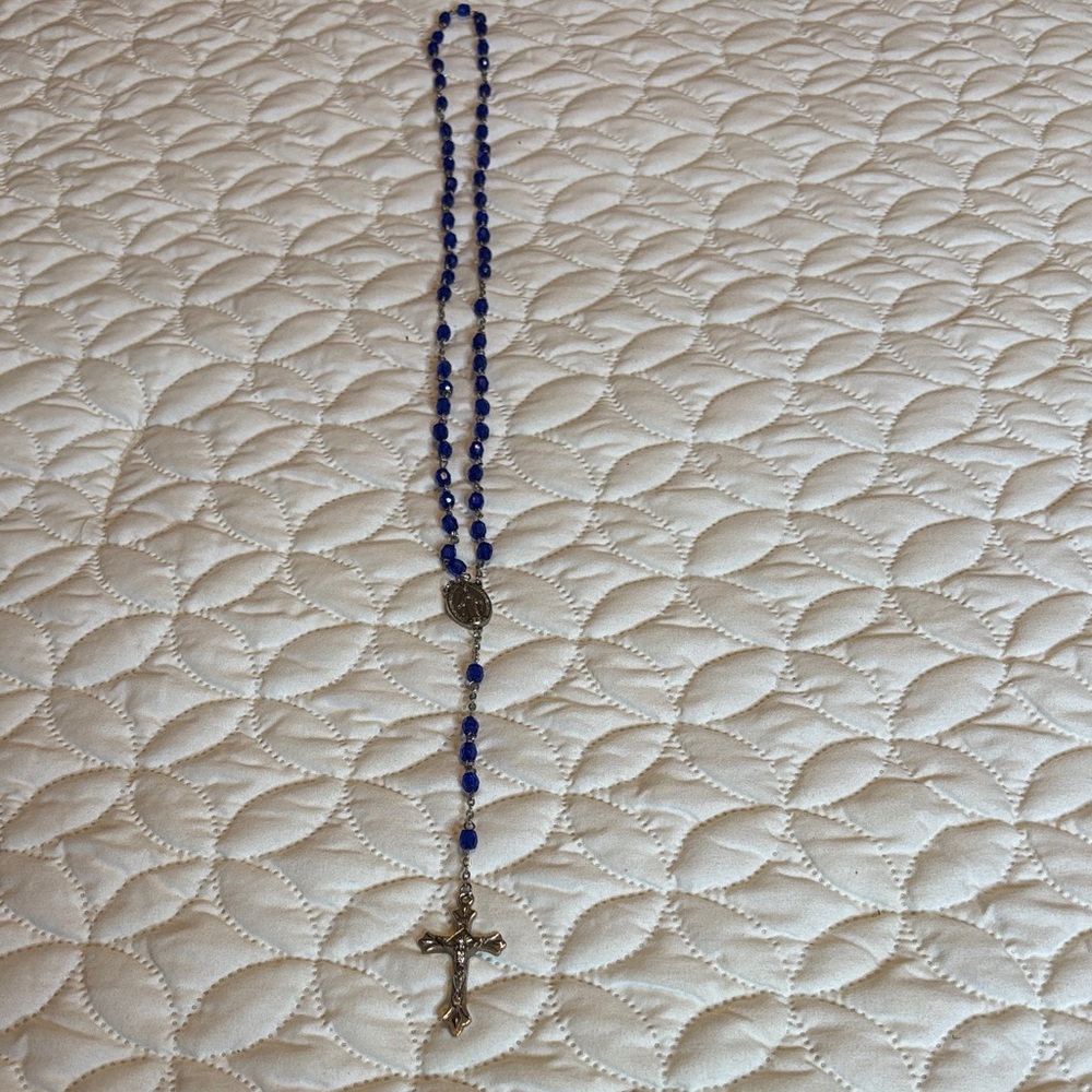 INRI Blue Beaded Rosary Necklace with Silver Accents